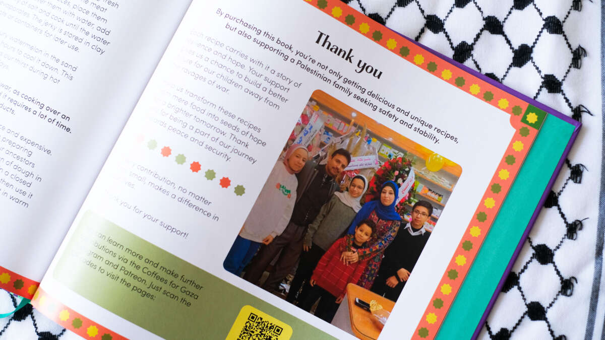 Mona Zahed’s cookbook includes this page featuring a photo of Mona and Osama with their children before the war and thanking readers for their support.
