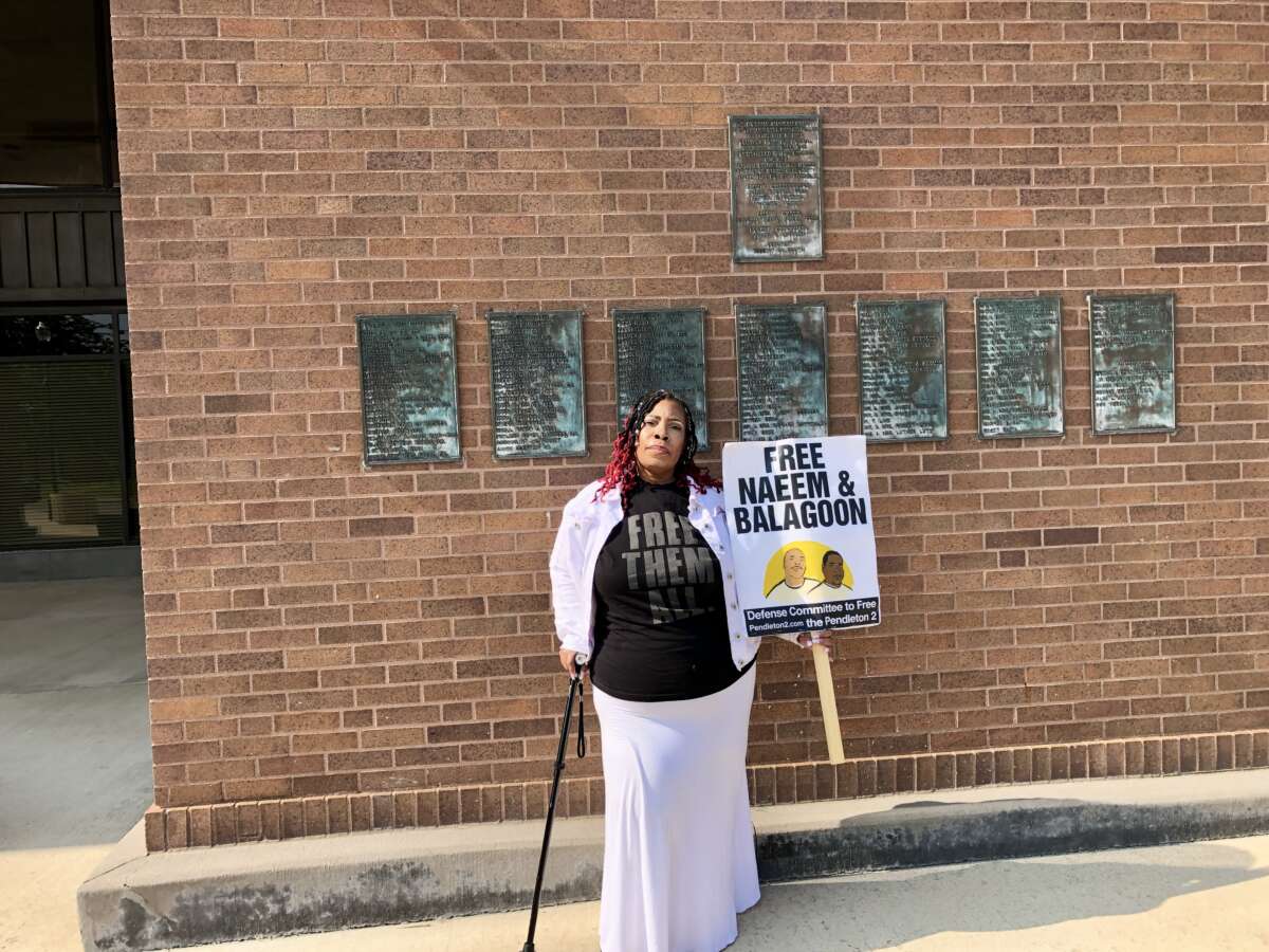 Michelle Smith, who directs the Missouri for Justice Coalition, traveled from St. Louis, Missouri, to stand with “the Pendleton 2” on June 1, 2025, at a rally in Madison County, Indiana.